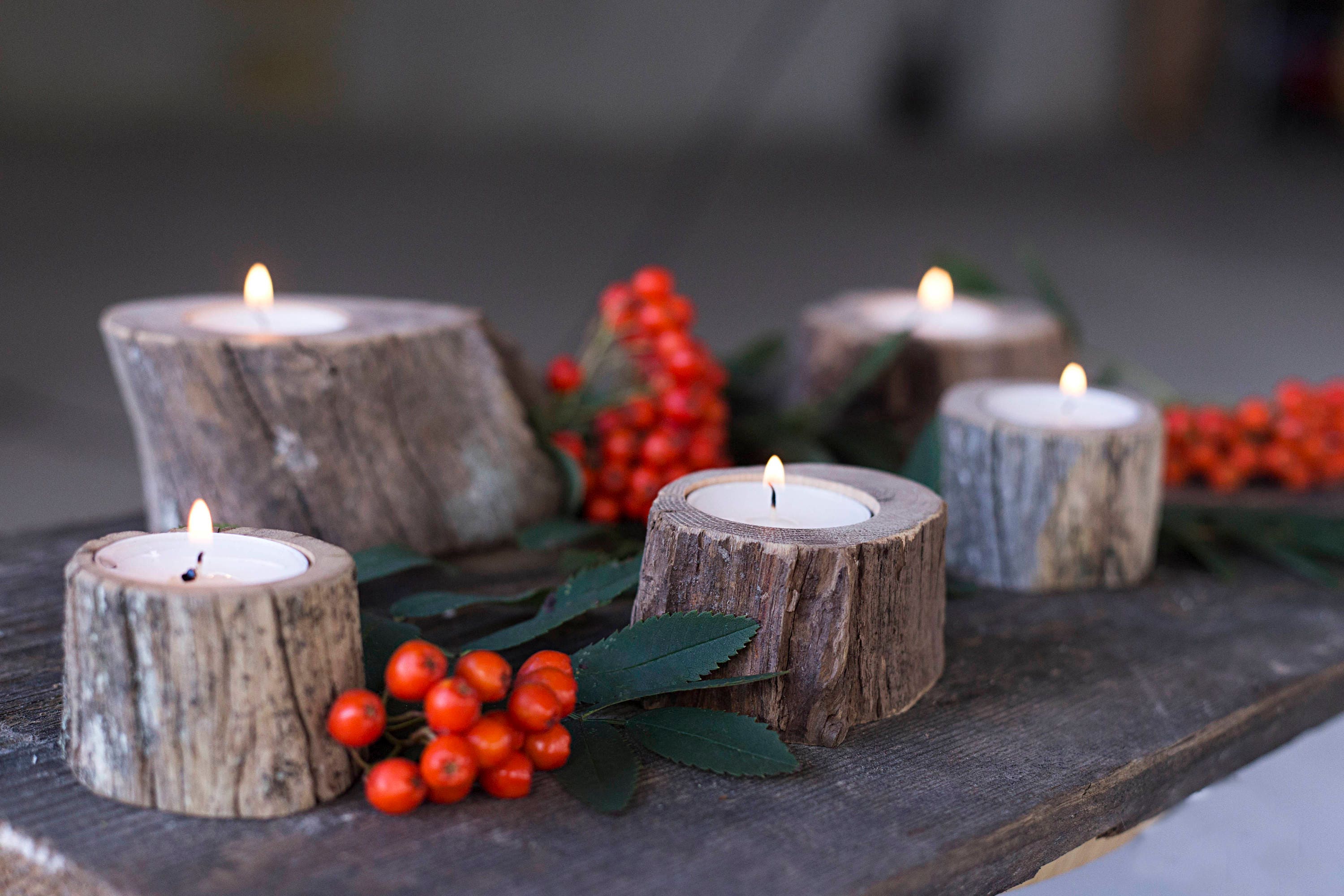 Ensemble de 5 Supports Assortis Bougie Légère Thé, Décor Table Noël, Rustique Table, Support en Bois