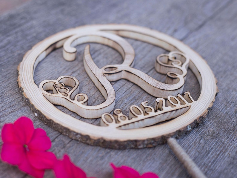 Monogram cake topper, Unique wedding cake topper, Initial cake topper, Wooden cake topper, Wood slice cake topper, Personalized cake topper image 9