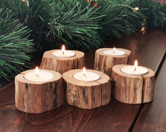 Set of 5 Tea light candle holders wood, Christmas centerpiece