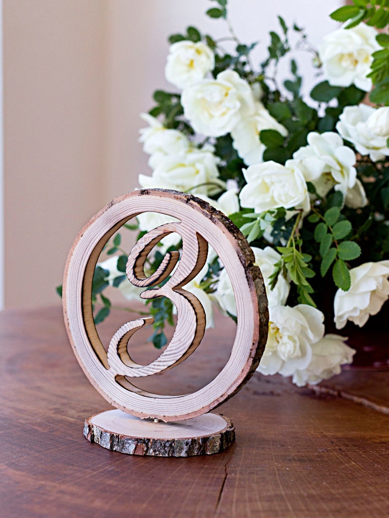 Wooden table numbers for wedding, Rustic table décor, Free standing table numbers, Hand cut from natural wood slice image 1