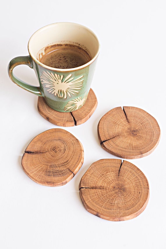 Set of 4, 4'' Rustic Wood Coasters, Wooden Drink Coasters, Hostess Gift,  Coffee Table Décor 