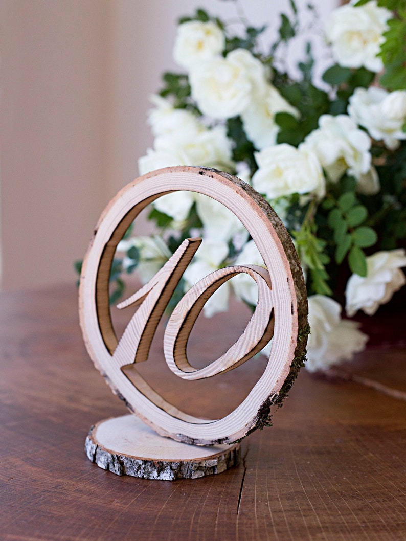Wooden table numbers for wedding, Rustic table décor, Free standing table numbers, Hand cut from natural wood slice image 3