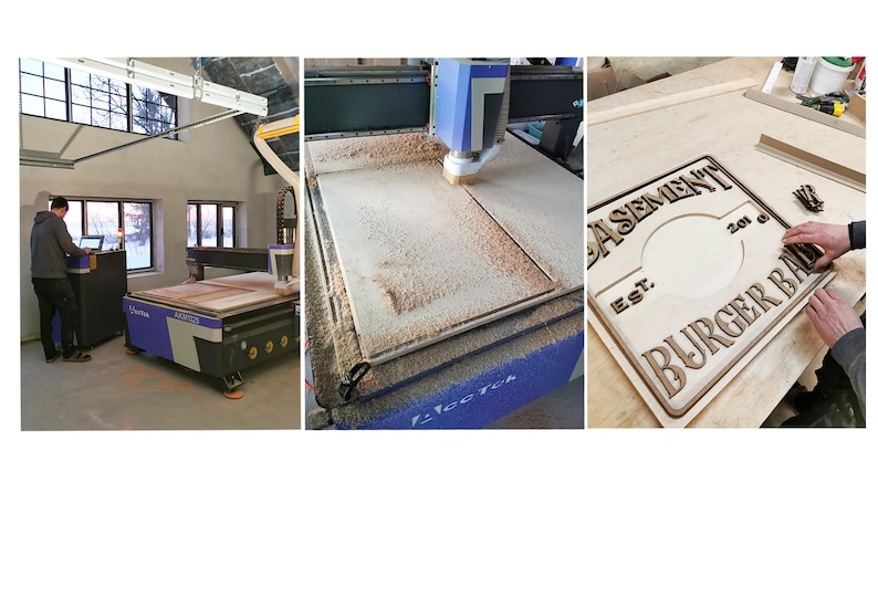 May include: A series of three images showing the creation of a wooden sign. The first image shows a person operating a CNC machine. The second image shows the machine in operation. The third image shows the finished sign with the words "Basement Burger Bar".