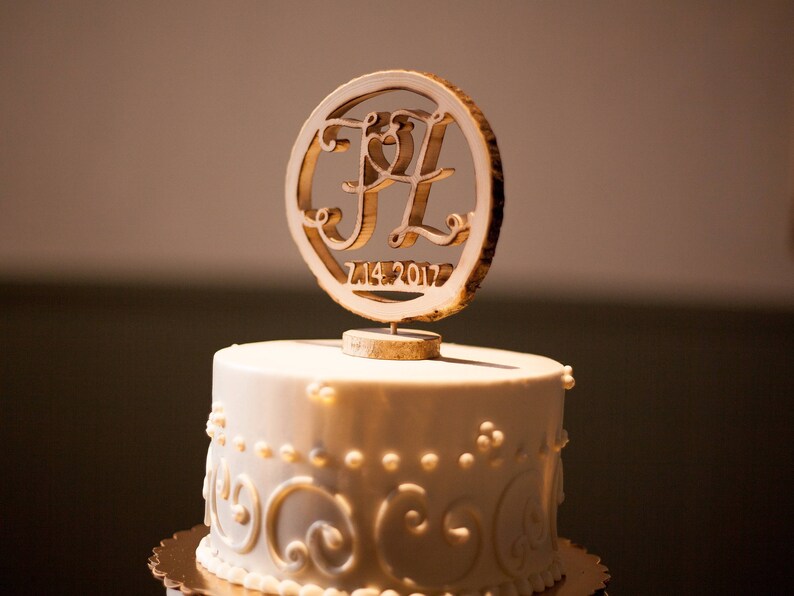Monogram cake topper, Unique wedding cake topper, Initial cake topper, Wooden cake topper, Wood slice cake topper, Personalized cake topper image 5