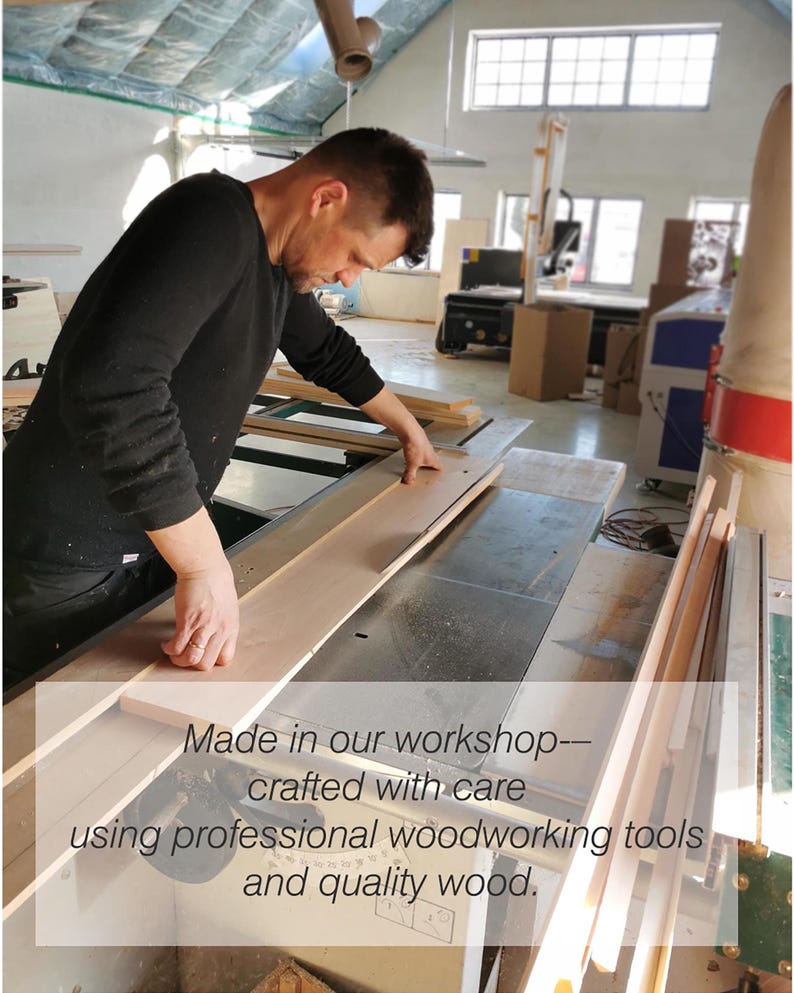 May include: A person working with wood in a workshop. The image shows a person working with wood, using professional woodworking tools. The text in the image reads: Made in our workshop--crafted with care using professional woodworking tools and quality wood.