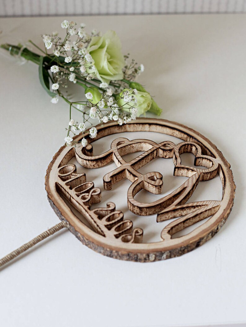 Monogram cake topper, Unique wedding cake topper, Initial cake topper, Wooden cake topper, Wood slice cake topper, Personalized cake topper image 2