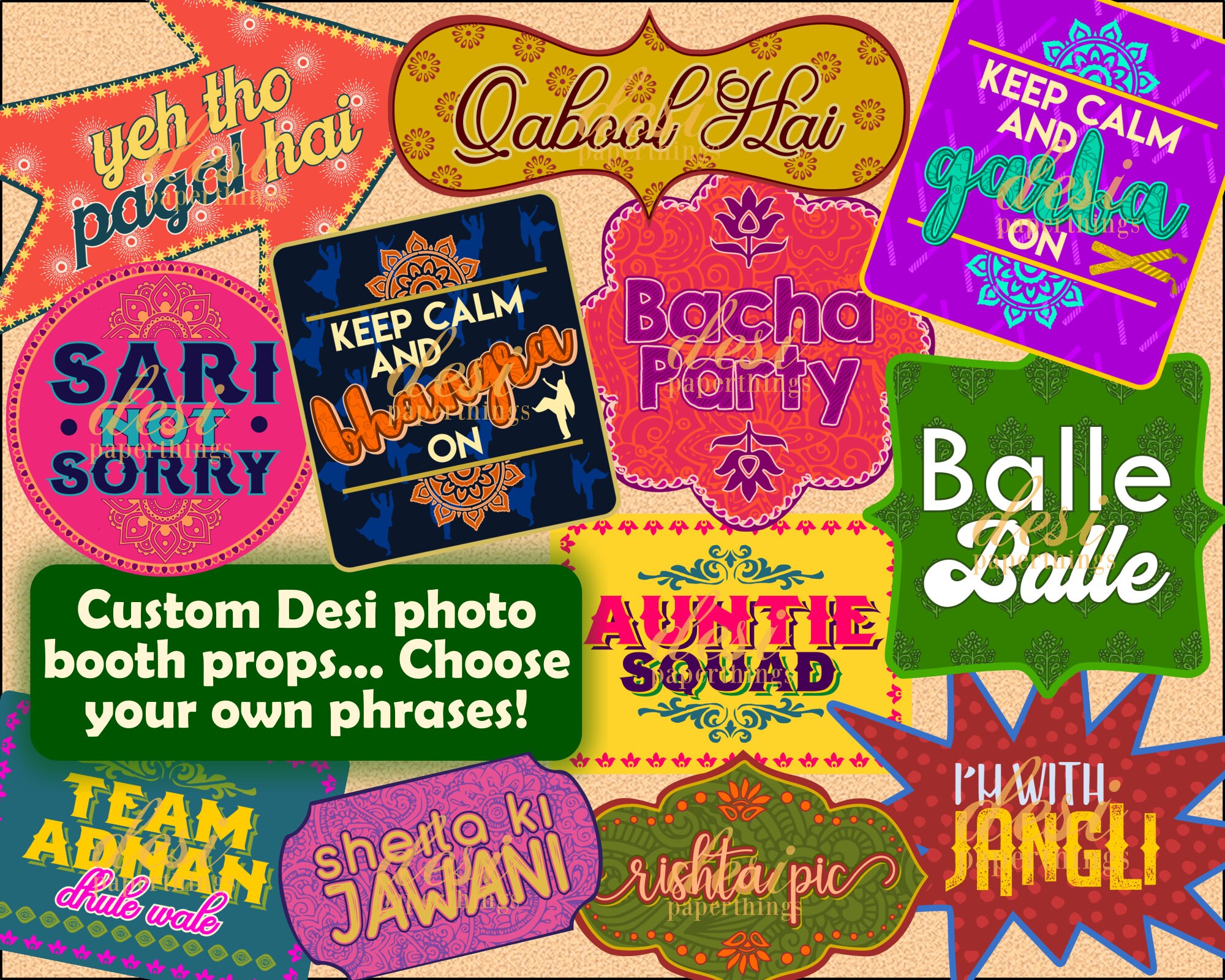 Choose Your Own/ Custom Phrases Indian/ Desi/ Pakistani Wedding Photobooth  Props- Digital