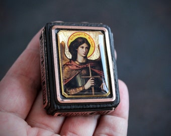 Archangel Michael Pocket Icon: Christian Gift, Wood & Copper Frame Travel Icon (1.5x1.9")