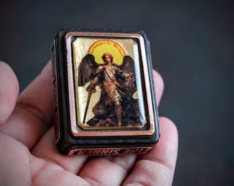 Archangel Michael Pocket Icon: Christian Gift, Wood & Copper Frame Travel Icon (1.5x1.9")