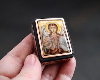 Archangel Michael Pocket Icon: Christian Gift, Wood & Copper Frame Travel Icon (1.5x1.9")