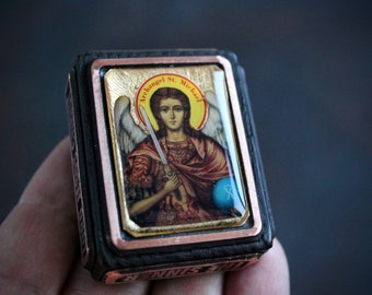 Archangel Michael Pocket Icon: Christian Gift, Wood & Copper Frame Travel Icon (1.5x1.9")