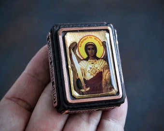 Archangel Michael Pocket Icon: Christian Gift, Wood & Copper Frame Travel Icon (1.5x1.9")