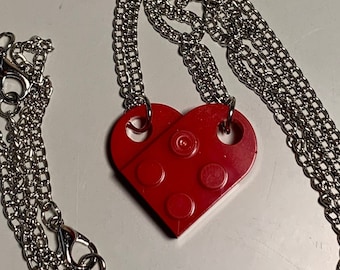 Red Heart Necklace - Building Block Charm - Silver Chain - Novelty Jewelry