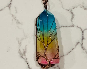 Rainbow Crystal Tree of Life Necklace: Copper Wire Wrapped Pendant