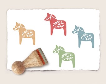Rubber stamp dala horse with heart pattern scandinavian nordic christmas motive wooden mounted paper craft gift self-made design stempel