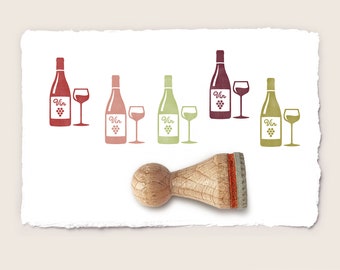 Mini rubber stamp WINE BOTTLE + GLAS Ø 15 mm / 0.59 inch