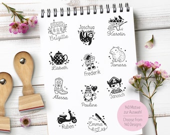 May include: A white spiral-bound notepad featuring various black and white illustrations with names, including a house, sloth, teapot, astronaut, cowboy boot, gnome, scooter, and pen. The text "Choose from 140 Designs" is also visible.