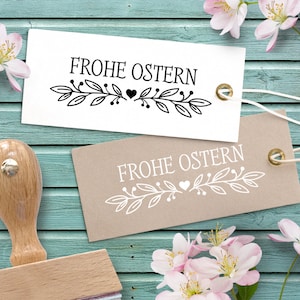 Stempel FROHE OSTERN mit Blätterranken und Herz / 40 x 15 mm