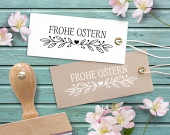 Stempel FROHE OSTERN mit Blätterranken und Herz / 40 x 15 mm