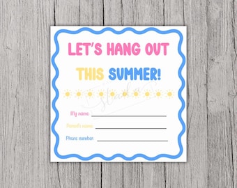 Afdrukbare kaart Let's Hang Out This Summer, visitekaartje voor kinderen