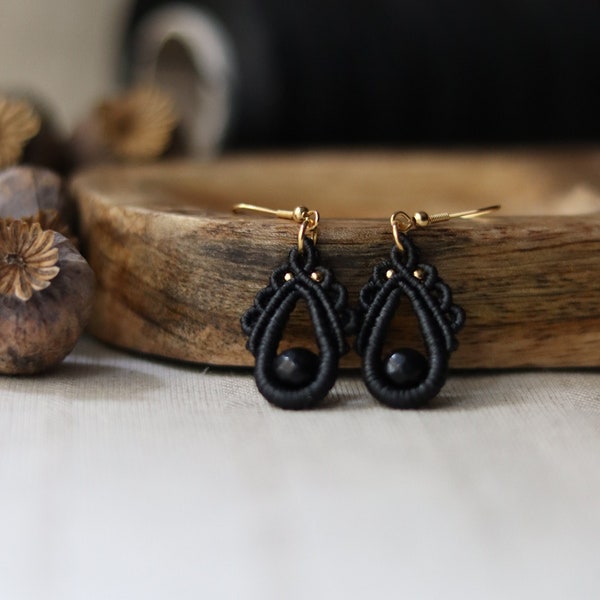 Teardrop shaped Macrame Earrings with Gemstone,Black Micromacrame jewelry