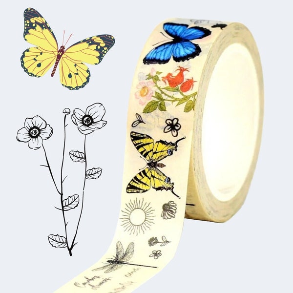 Vintage Butterfly And Dragonfly Washi Tape - Nature - Book Of Insects - Naturalistic - Unique - Spring Flowers - Happy Bright Colors