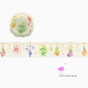 BGM Flower Bouquet Washi Tape - Gold Foil - Imported From Japan - Dried Flowers - Pretty Colors - Cute Design - Stars - Hearts - Typography