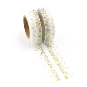Fresh Spring Washi Tape With Gold Foil - Flowers And Grass - Meadow Botanical - Pretty Soft Green Floral - Light Delicate Design