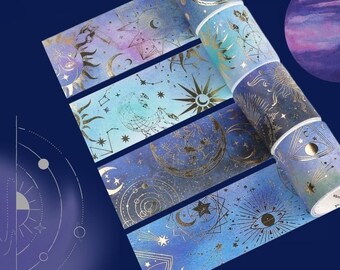 Magic Galaxy Washi Tape - Lots Of Gold Foil - 4 Designs - Pretty Shades Of Blue - Space Moon Stars Planets - Night Sky - Spiritual - Dreams