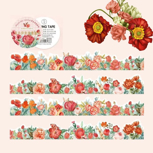 Red Flower Garden Washi Tape - Gold Foil - Roses And Poppies - Die Cut - Pretty Floral Design - Border - Spring Meadow - Summer - Journal