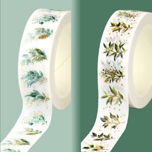 Leaf Washi Tape With Gold Foil - 2 Designs - Delicate Botanical Leaves - Pretty Greens - Branches, Tree, Plants And Greenery - Naturalistic
