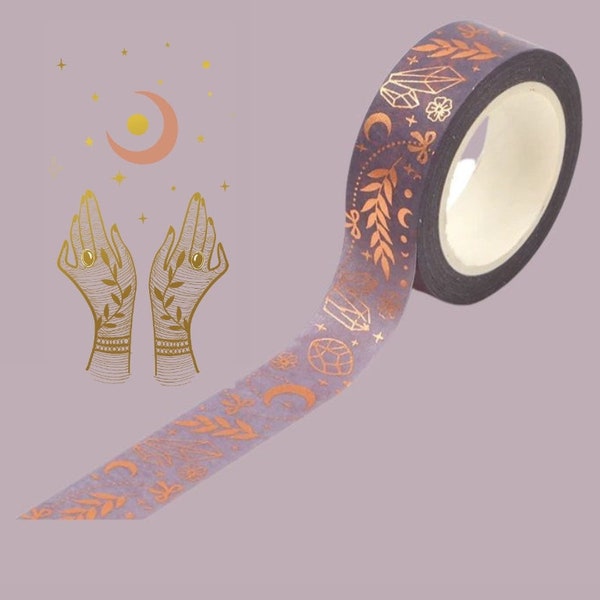 New Moon Magic Washi Tape - Rose Gold Foil - Spiritual - Crystals - New Age - Fantasy - Dream - Grey - Flowers, Bows, Botanical, Leaves