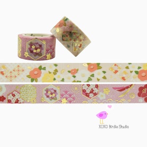 BGM Japanese Washi Tape - 2 Traditional Designs - Gold Camellia And Red Plum - Pink And White Flowers With Geometric Patterns - Gold Foil
