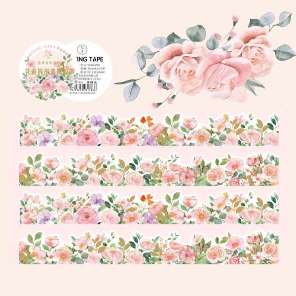 Pink Flower Garden Washi Tape - Gold Foil - Roses - Die Cut - Pretty Floral Design - Border - Spring Meadow - Summer - Journal - Decorative