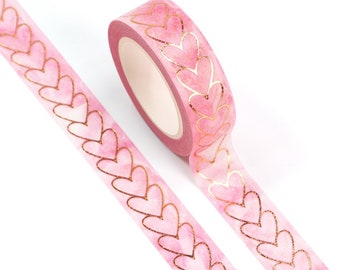 Pink Heart Washi Tape - Gold Foil And Soft Pink Watercolor - Valentine's Day - Love And Romance - Lots Of Shimmer - Cute Washi Tape - Pastel