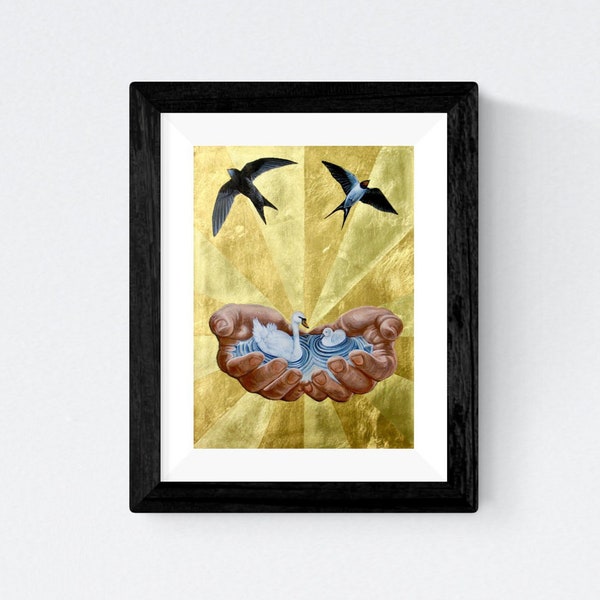 Golden Art Print Nurture featuring a swan, cygnet, swallow, swift held in protective hands. Signed by the artist, unframed and unmounted.