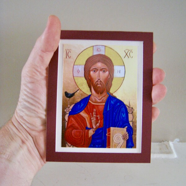 Small handheld religious icon The Blackbird and the Almighty.  Art Print gilded gold leaf on card signed by artist blessed with holy water