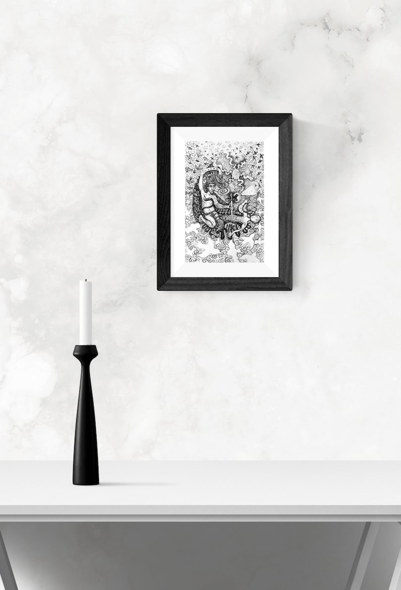 Drawn in the Peruvian Amazon unframed. ON SALE The Icaro of the Black Robin Art print signed mounted print of a pen and ink drawing