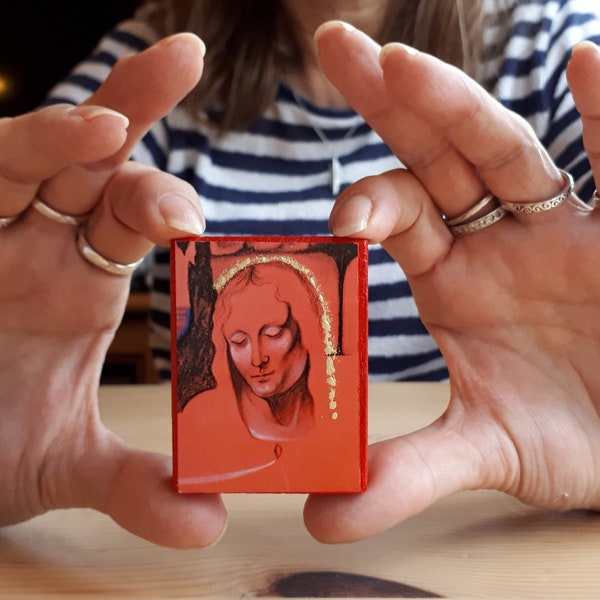 Small Contemporary Religious print Red Madonna. Sealed onto recycled oak and gilded with gold leaf. Blessed with Holy water.