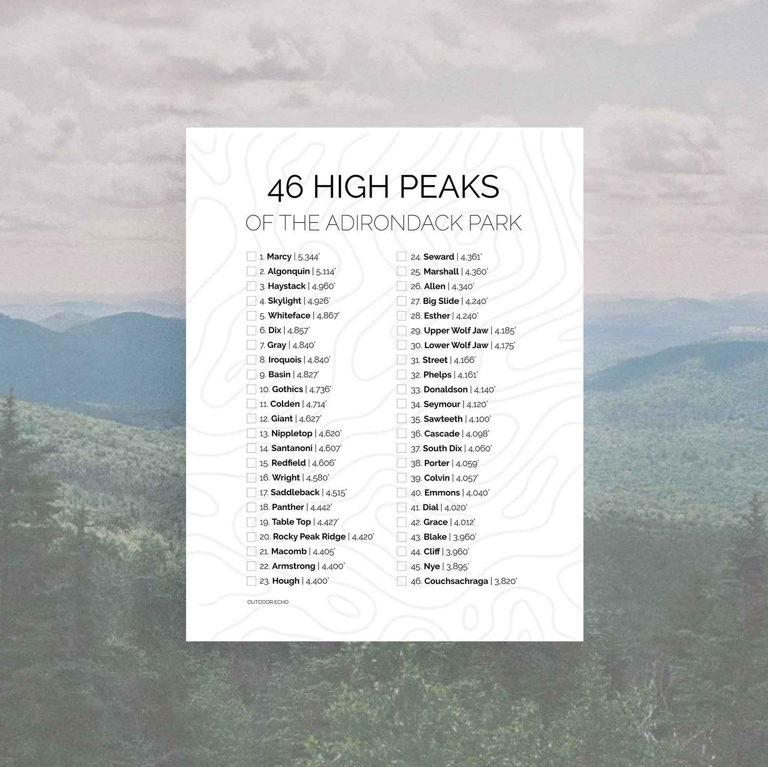Printable Adirondack Mountains 46 High Peaks Checklist ADK 46ers 46er Checklist Upstate New York