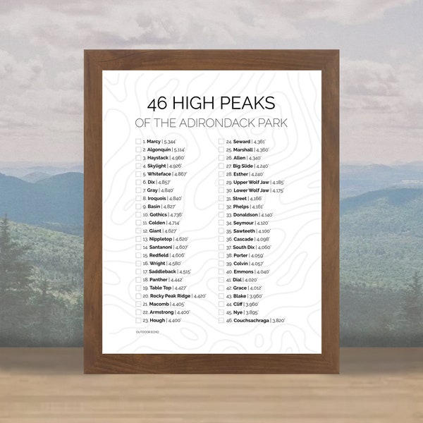 Printable Adirondack Mountains 46 High Peaks Checklist | ADK 46ers | 46er checklist | Upstate New York | Hiking Gift | Bucket List Poster