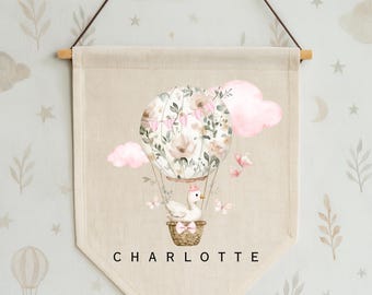 Personalised Nursery Pennant Banner | Duck Hot Air Balloon Wall Hanging | Custom Baby Name Flag | Floral Nursery Decor | Baby Girl Gift