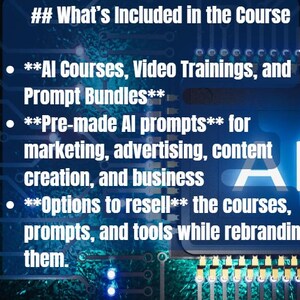 May include: A digital graphic with the text "What's Included in the Course." The image lists AI courses, video trainings, prompt bundles, pre-made AI prompts for marketing, advertising, content creation, and business, and options to resell courses.