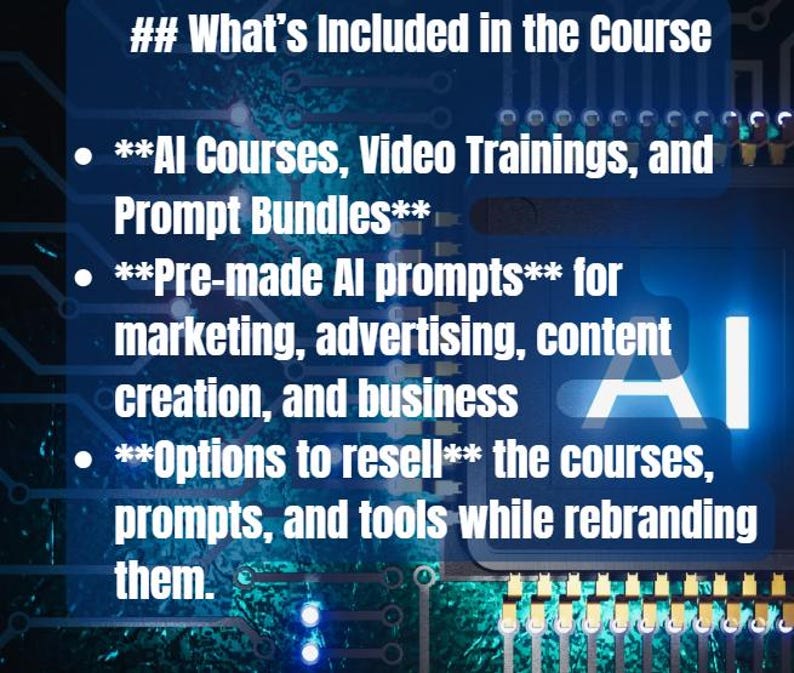 May include: A digital graphic with the text "What's Included in the Course." The image lists AI courses, video trainings, prompt bundles, pre-made AI prompts for marketing, advertising, content creation, and business, and options to resell courses.