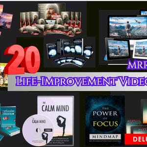 May include: A promotional image showcasing a collection of self-improvement video courses. The image features various book covers, DVDs, and digital displays with titles like "World of Greatness", "Age Slower", and "The Power of Focus". The number "20" is prominently displayed.