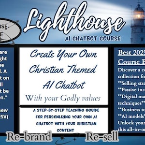 Può includere: Annuncio digitale per un corso di chatbot AI. L'immagine presenta il testo "Lighthouse AI Chatbot Course" e include informazioni sulla creazione di un chatbot AI a tema cristiano. L'annuncio promuove anche un pacchetto di corsi video con strategie di vendita e tecniche di marketing digitale.