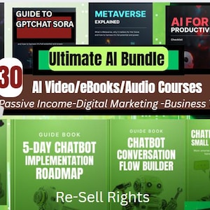 May include: An image advertising an "Ultimate AI Bundle" with 30 AI video courses, eBooks, and audio courses. The graphic includes a cartoon robot, book covers, and text about passive income and digital marketing.