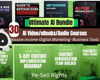 Puede incluir: Imagen que promociona un "Ultimate AI Bundle" con 30 cursos en vídeo, eBooks y cursos de audio sobre IA. El gráfico incluye un robot de dibujos animados, portadas de libros y texto sobre ingresos pasivos y marketing digital.