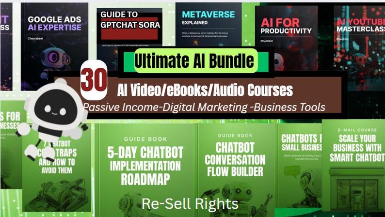 May include: An image advertising an "Ultimate AI Bundle" with 30 AI video courses, eBooks, and audio courses. The graphic includes a cartoon robot, book covers, and text about passive income and digital marketing.