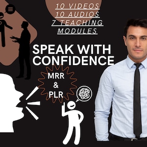 Puede incluir: Imagen con el texto "Speak with Confidence" y las palabras "MRR & PLR". La imagen también incluye el texto "10 Videos, 10 Audios, 7 Módulos de enseñanza". Un hombre con camisa azul claro y corbata negra está a la derecha.